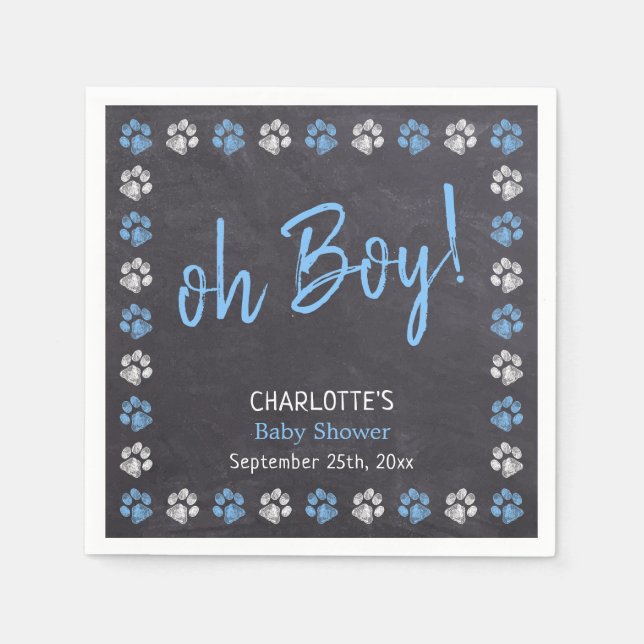Chalkboard Blue Boy Paw Print Baby Shower Napkins (Front)