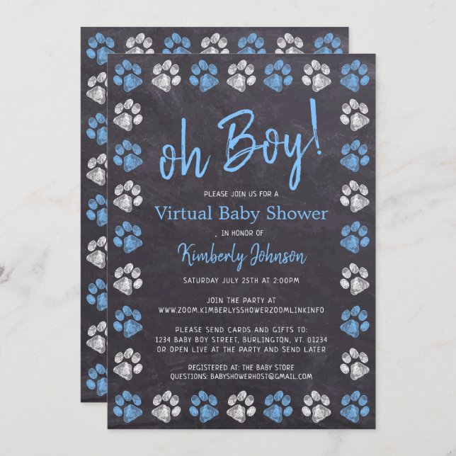 Chalkboard Blue Boy Paw Print Virtual Baby Shower Invitation (Front/Back)