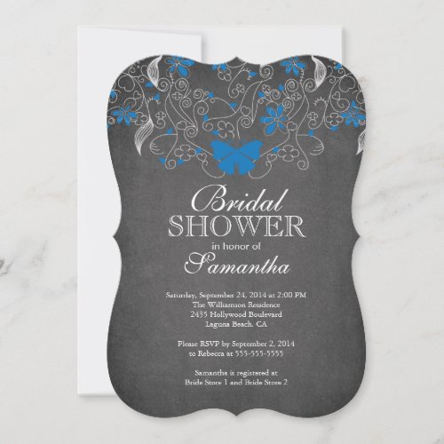 Chalkboard Blue Butterfly Floral Bridal Shower Custom Invitation