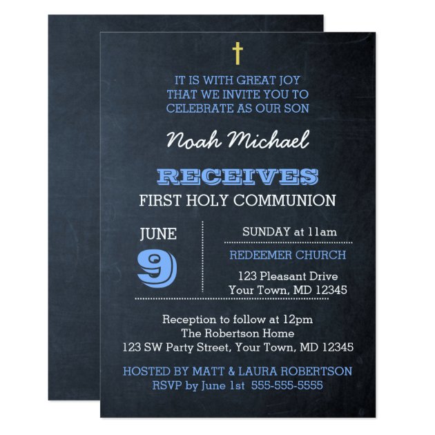 Chalkboard Blue First Communion Invitation