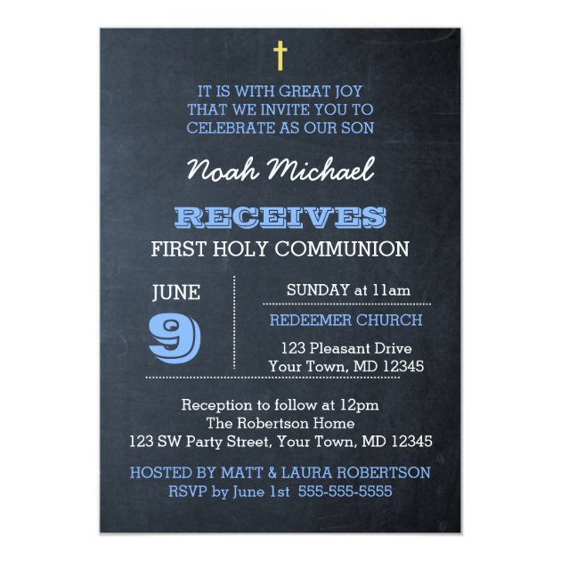 Chalkboard Blue First Communion Invitation