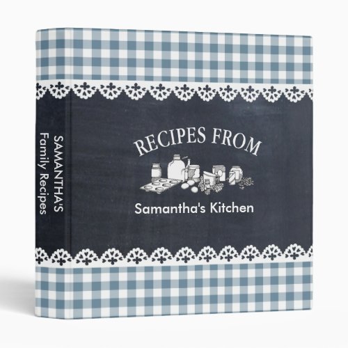 Chalkboard Blue Gingham Country Recipe 3 Ring Binder