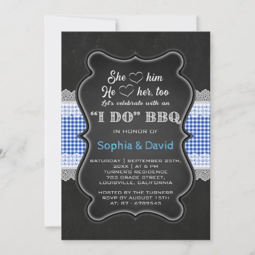 Chalkboard Blue Gingham Lace I DO BBQ Engagement Invitation