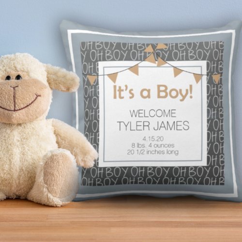 Chalkboard Blue Gray and Tan Newborn Keepsake Thro Throw Pillow