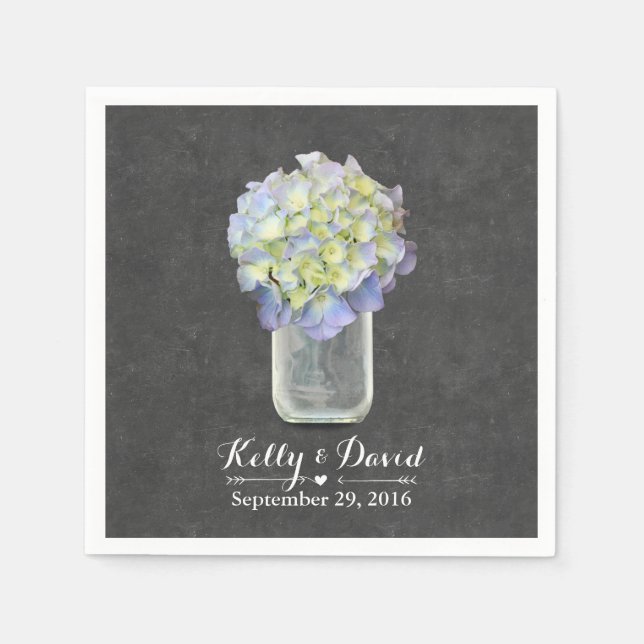 Chalkboard Blue Hydrangea Mason Jar Wedding Napkins (Front)