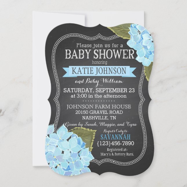 Chalkboard Blue Hydrangeas Baby Shower Invitation (Front)