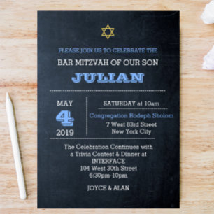Chalkboard Blue Large Name Bar Mitzvah Invitation