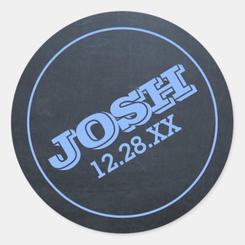 Chalkboard Blue Name Logo and Date Classic Round Sticker