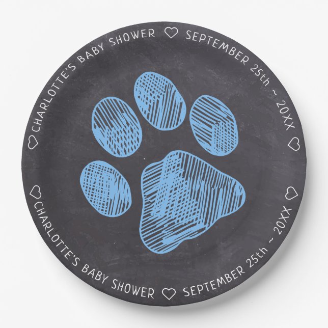 Chalkboard Blue Paw Print Baby Shower Paper Plates (Front)