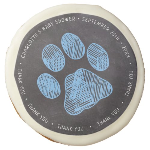 Chalkboard Blue Paw Print Baby Shower Thank You Sugar Cookie