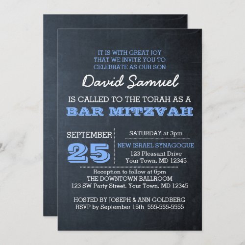Chalkboard Blue Photo Bar Mitzvah Invitation