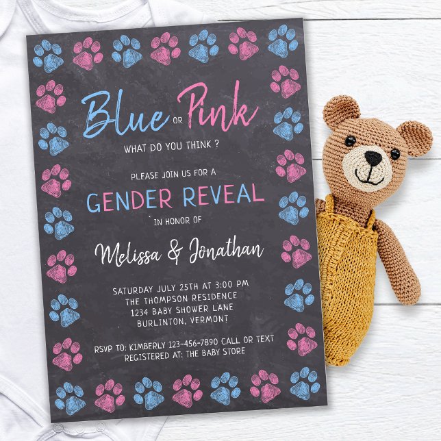 Chalkboard Blue Pink Paw Prints Gender Reveal Invitation (Creator Uploaded)