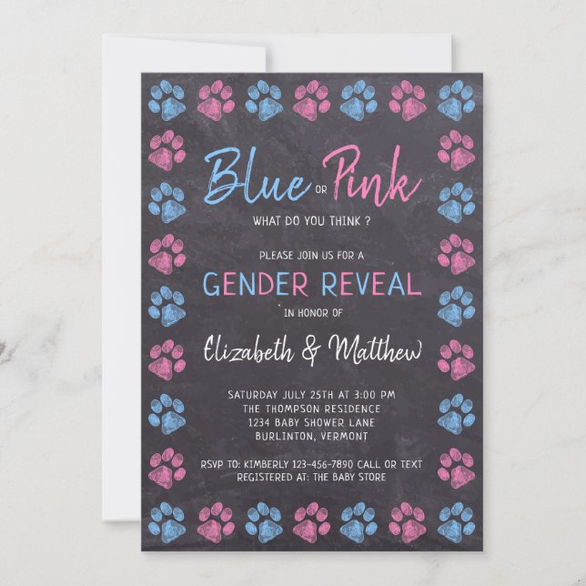 Chalkboard Blue Pink Paw Prints Gender Reveal Invitation (Front)