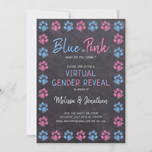 Chalkboard Blue Pink Virtual Gender Reveal Invitation (Front)