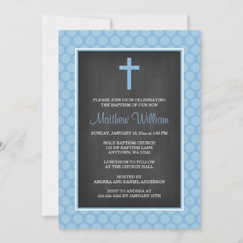 Chalkboard Blue Polka Dot Cross Boy Baptism Invitation