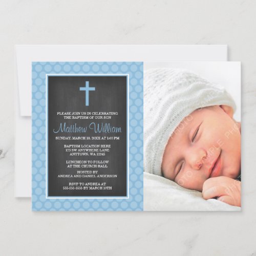 Chalkboard Blue Polka Dot Cross Boy Photo Baptism Invitation