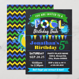 Chalkboard Blue Pool birthday summer bash Invitation