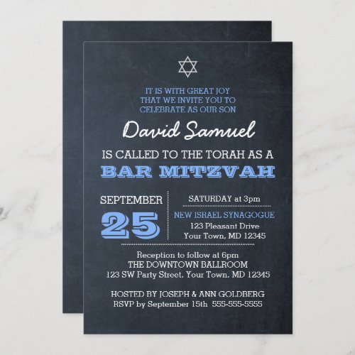 Chalkboard Blue Silver Star of David Bar Mitzvah Invitation