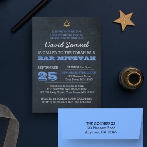 Chalkboard Blue Star of David Bar Mitzvah Invitation