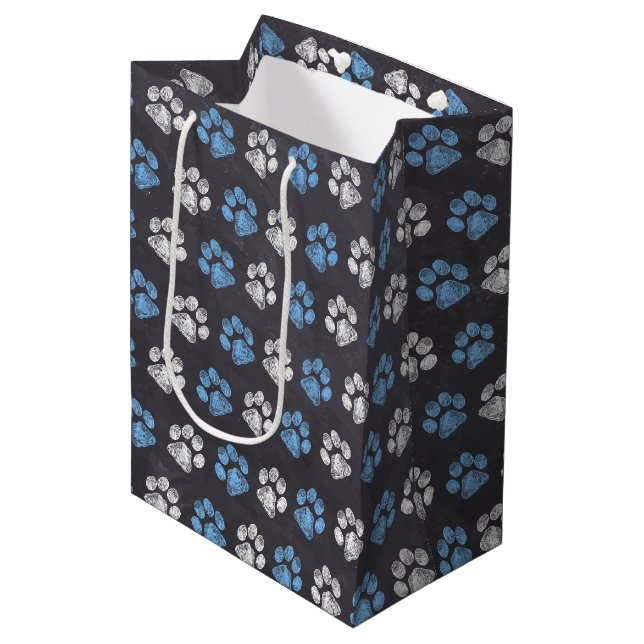 Chalkboard Blue White Paw Prints Medium Gift Bag (Front Angled)