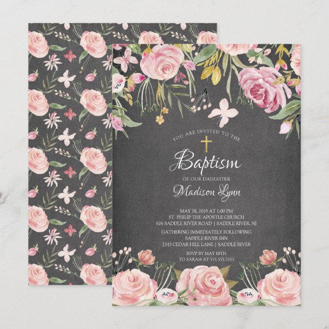 Chalkboard Blush Pink Floral Baptism Invitation (Front/Back)