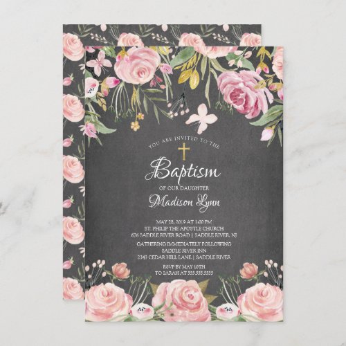 Chalkboard Blush Pink Floral Baptism Invitation