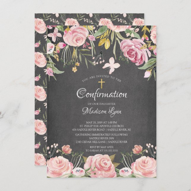 Chalkboard Blush Pink Floral Confirmation Invitation (Front/Back)
