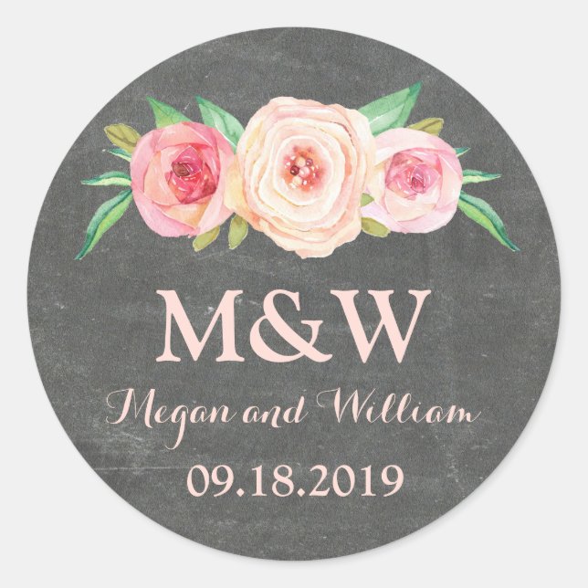 Chalkboard Blush Pink Floral Monogram Wedding Classic Round Sticker (Front)