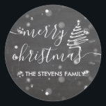 Chalkboard bokeh Christmas tree script Christmas Classic Round Sticker<br><div class="desc">Chalkboard bokeh Christmas tree script Christmas design.</div>
