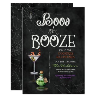 Chalkboard Boos & Booze Halloween Cocktail Party Card