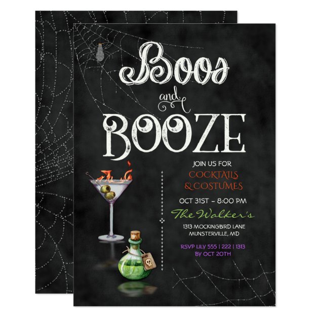 Chalkboard Boos & Booze Halloween Cocktail Party Invitation