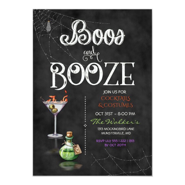 Chalkboard Boos & Booze Halloween Cocktail Party Invitation