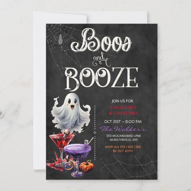Chalkboard Boos & Booze Halloween Cocktail Party Invitation (Front)
