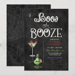 Chalkboard Boos & Booze Halloween Cocktail Party Invitation