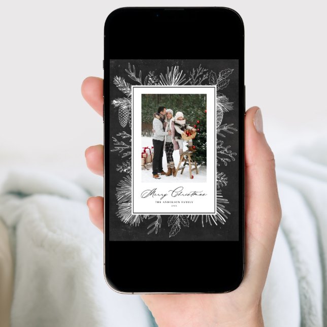 Chalkboard Botanical Frame Photo Christmas Holiday Card (Front Digital)