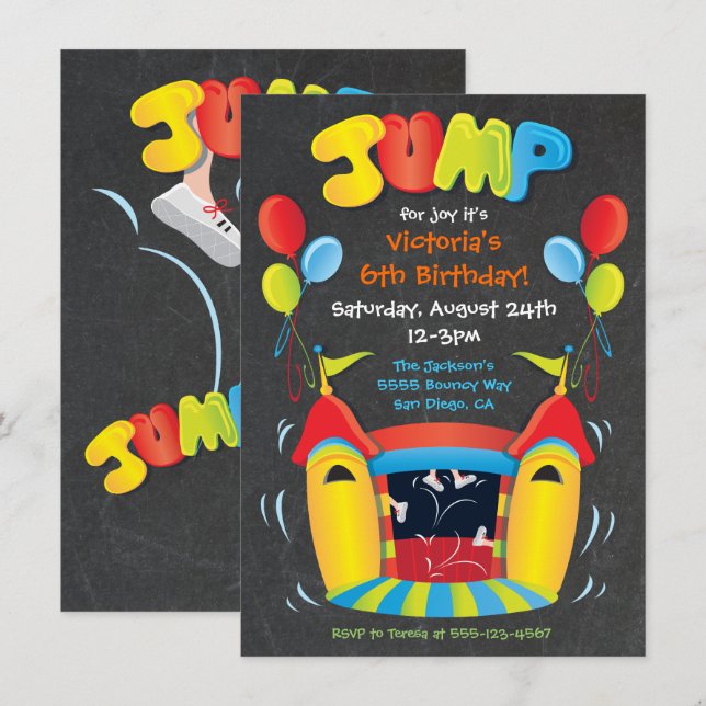 Chalkboard Bounce House BIrthday Party Invitation (Front/Back)