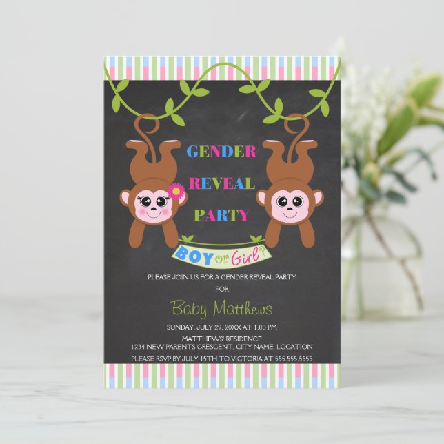 Chalkboard Boy or Girl Monkey Gender Reveal Party Invitation (Standing Front)