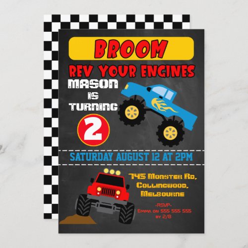 Chalkboard boys monster trucks birthday invitation