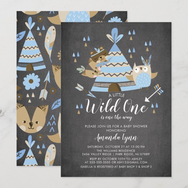 chalkboard Boys Wild One Baby Shower Invitation (Front/Back)