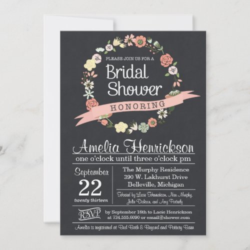 Chalkboard Bridal Shower Invitation with wreath