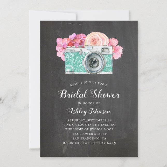 Chalkboard bridal shower. Pink flowers and camera Invitation (Front)