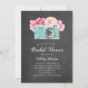 Chalkboard bridal shower. Pink flowers and camera Invitation