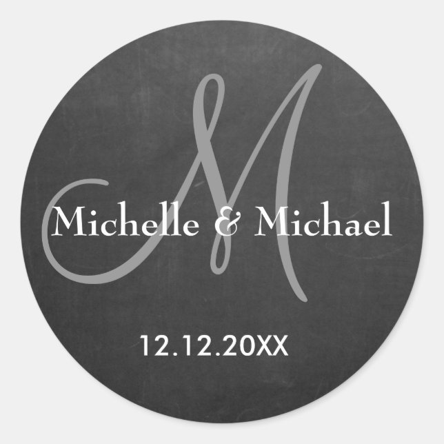 Chalkboard Bride And Groom Monogram Classic Round Sticker (Front)