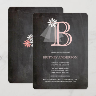 Chalkboard Bride's Veil Monogram Bridal Shower Invitation