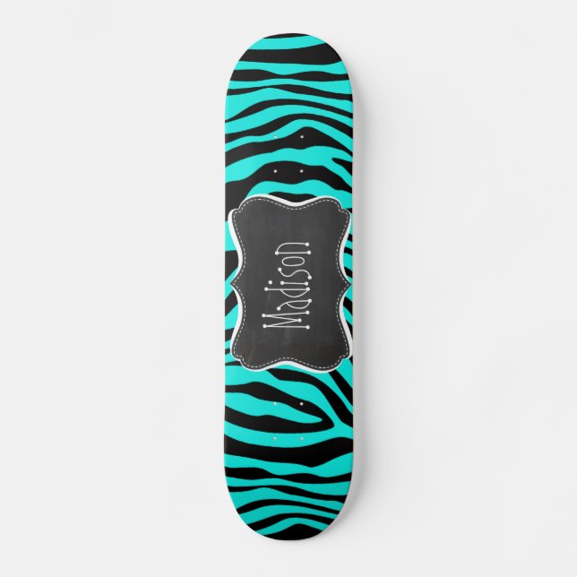 Chalkboard; Bright Turquoise Zebra Animal Print Skateboard Deck (Front)