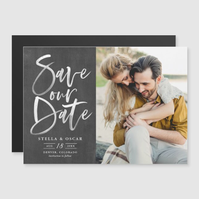 Chalkboard Brush Calligraphy Photo Save the Date Magnetic Invitation (Front/Back)