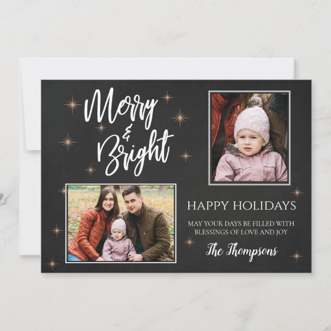 Chalkboard Brush Font MERRY and BRIGHT 2  Photos Holiday Card (Front)