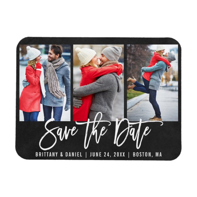 Chalkboard Brush Script 3 Photo Save The Date Magnet (Horizontal)