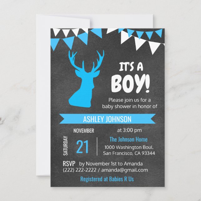 Chalkboard Buck Deer Blue BOY Baby Shower Invites (Front)