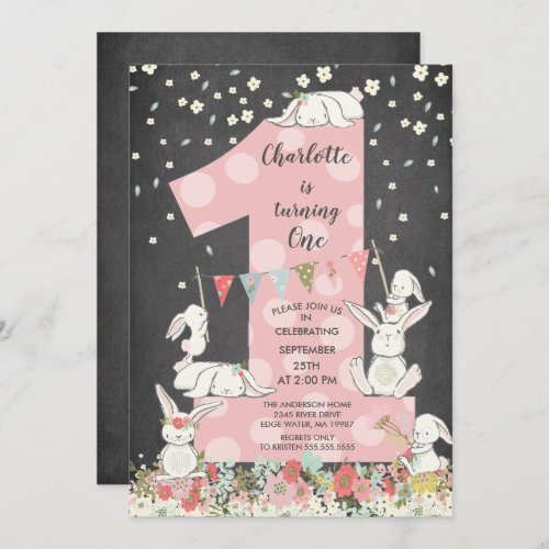 Chalkboard Bunny Big One Girls Birthday Invitation